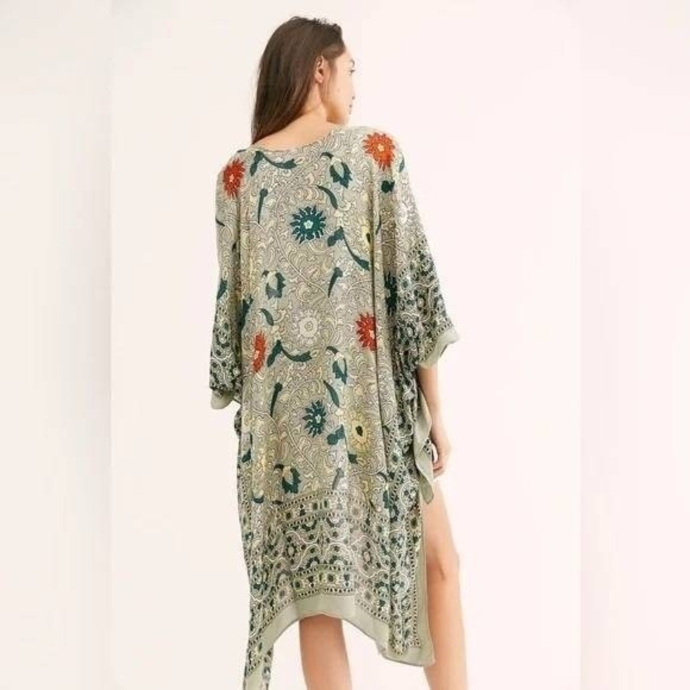 Free People Magic Dance Border Print‎ Duster Boho Kimono Green ONE SIZE NWT